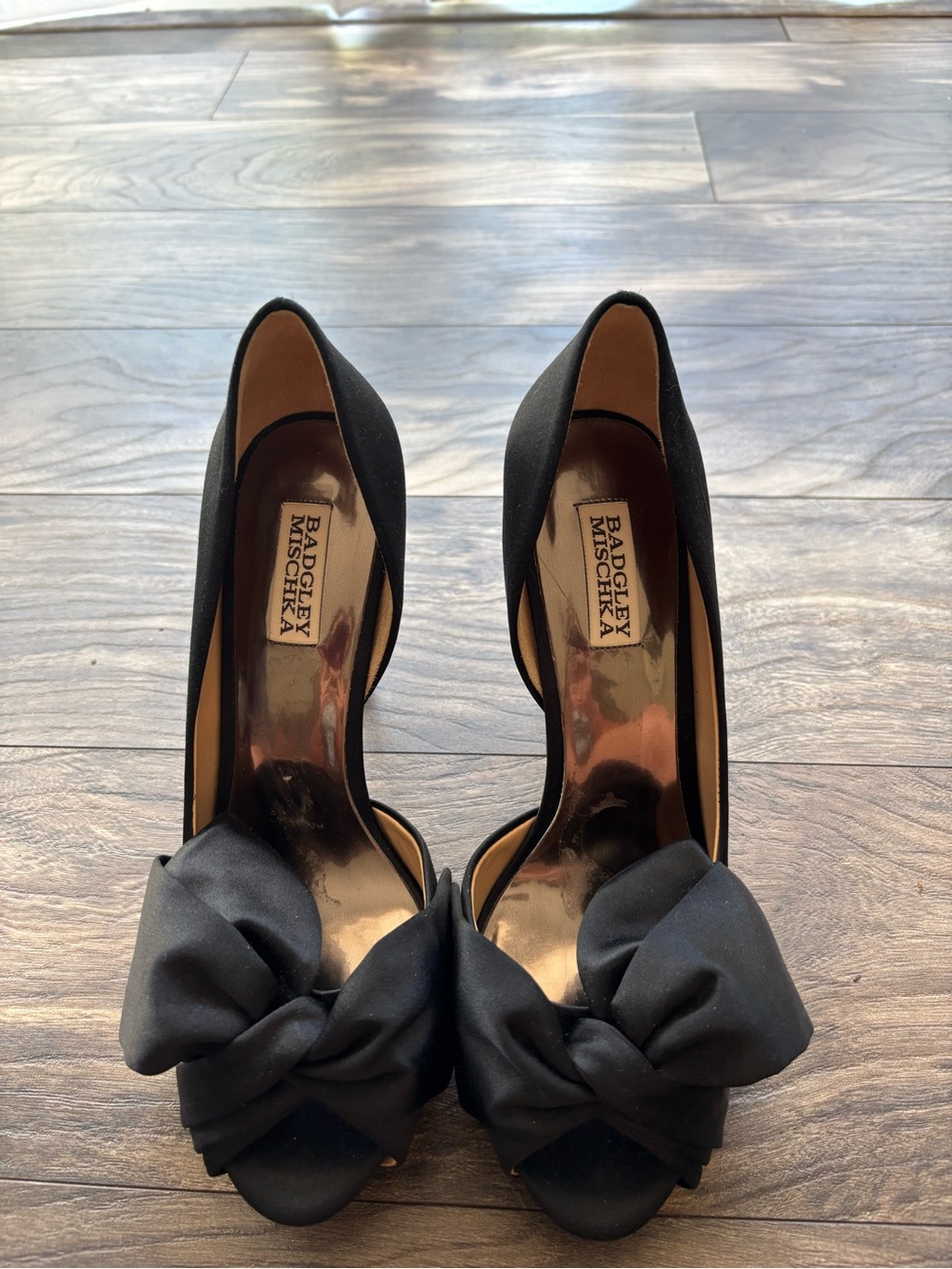 Badgley Mischka Black Satin Peep-Toe Pumps with Bow